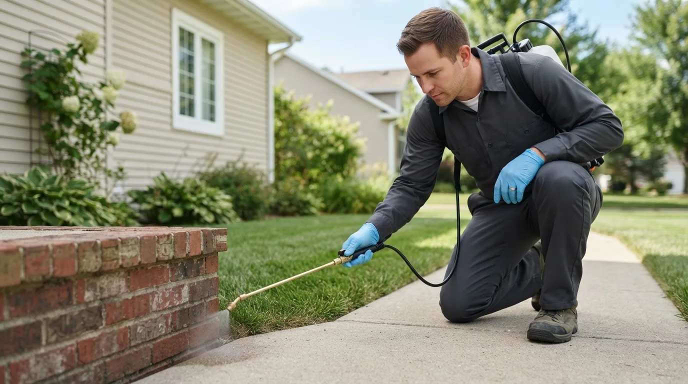 Pest control technician treating a home near Parlier, CA
